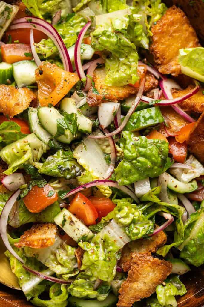 Fattoush salad made with chopped & deseeded tomatoes, thinly sliced red onion, diced cucumber, diced radishes, chopped mint/parsley, romaine lettuce and gluten free fried pita chips.