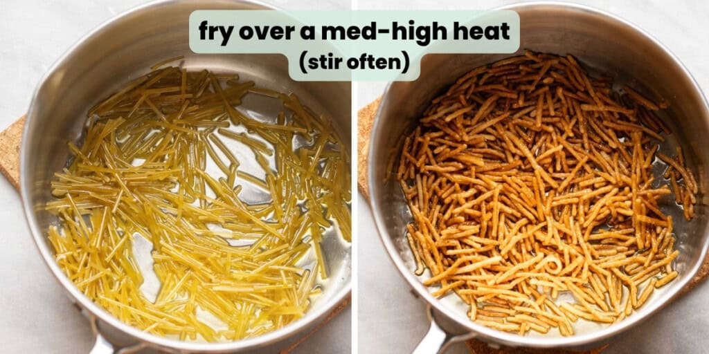 Collage of 2 images showing gluten free noodles in a medium sauce pan at the beginning of frying and after the dried noodles are fried until golden and crisp. "fry over a med-high heat (stir often)"
