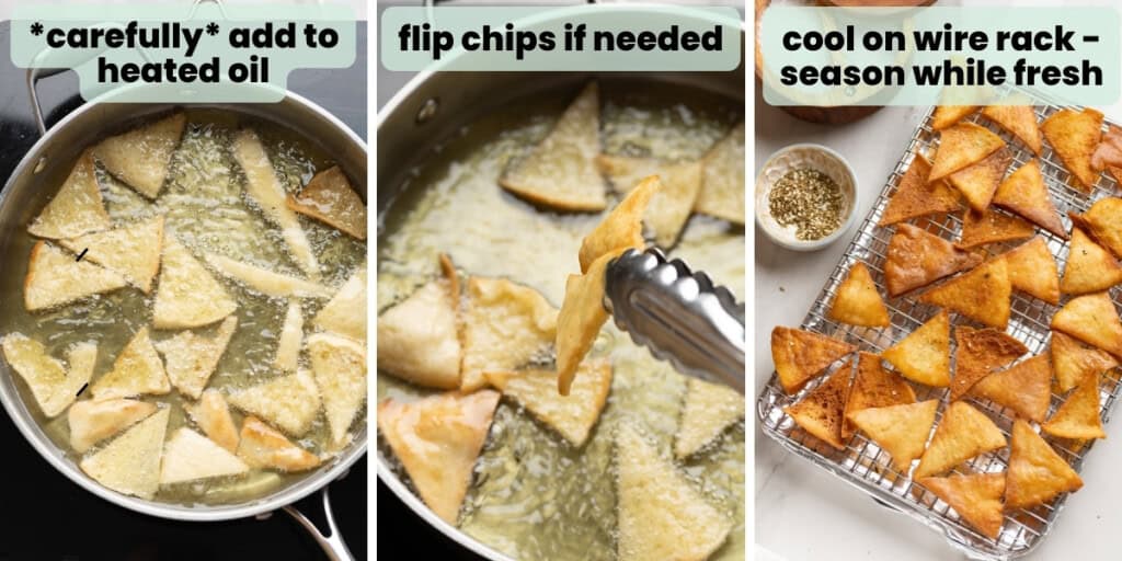 fried gluten free pita chips collage: carefully add unseasoned wedges to hot oil, flip the chips if needed then cool on a wire rack & add seasonings while fresh/warm