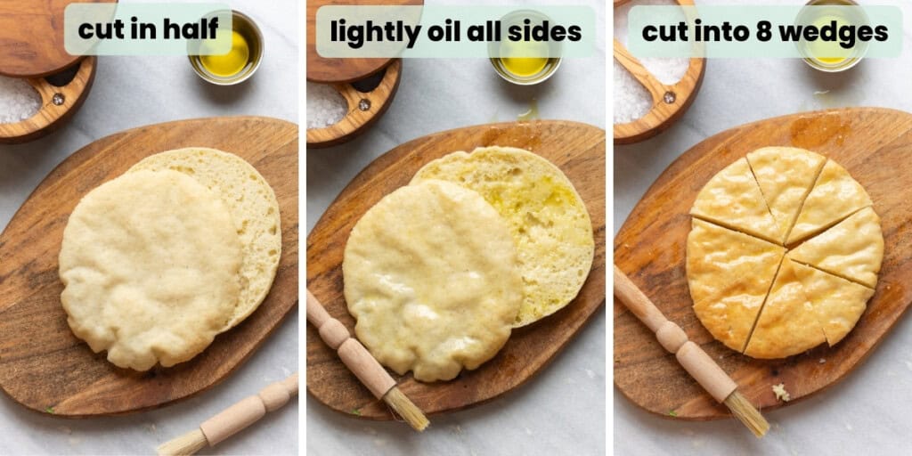 homemade baked gluten free pita chips prep collage: cut pitas in half, lightly oil all sides, cut into 8 wedges