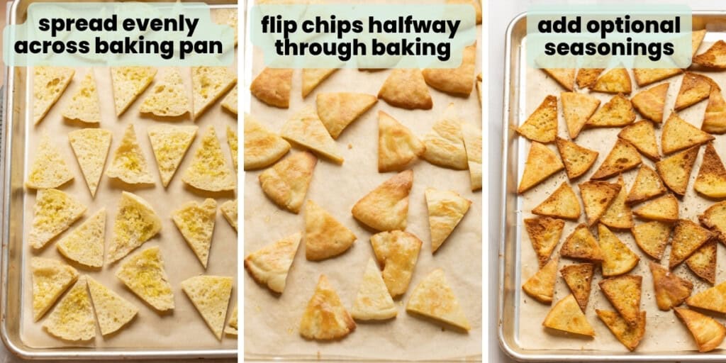 gluten free pita chips baking collage: spread oiled pita wedges across a baking pan, flip halfway through baking, add optional seasonings
