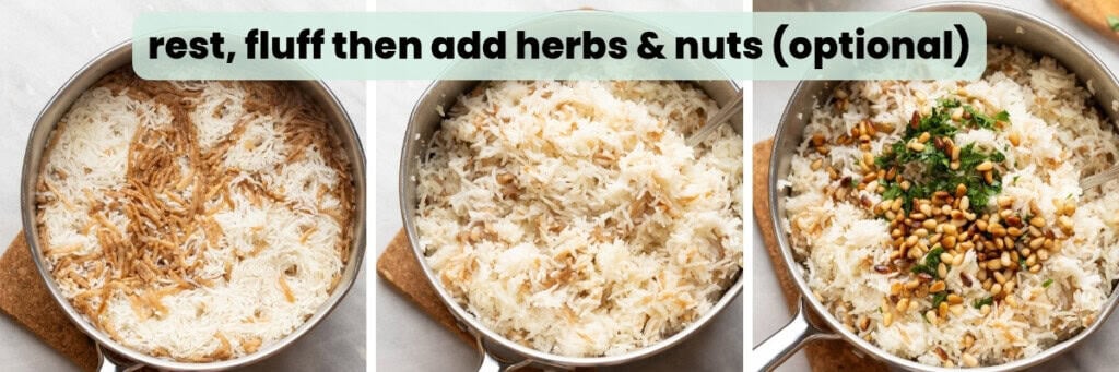 Lebanese rice collage of the post cooking process: "rest, fluff then add herbs & nuts (optional)