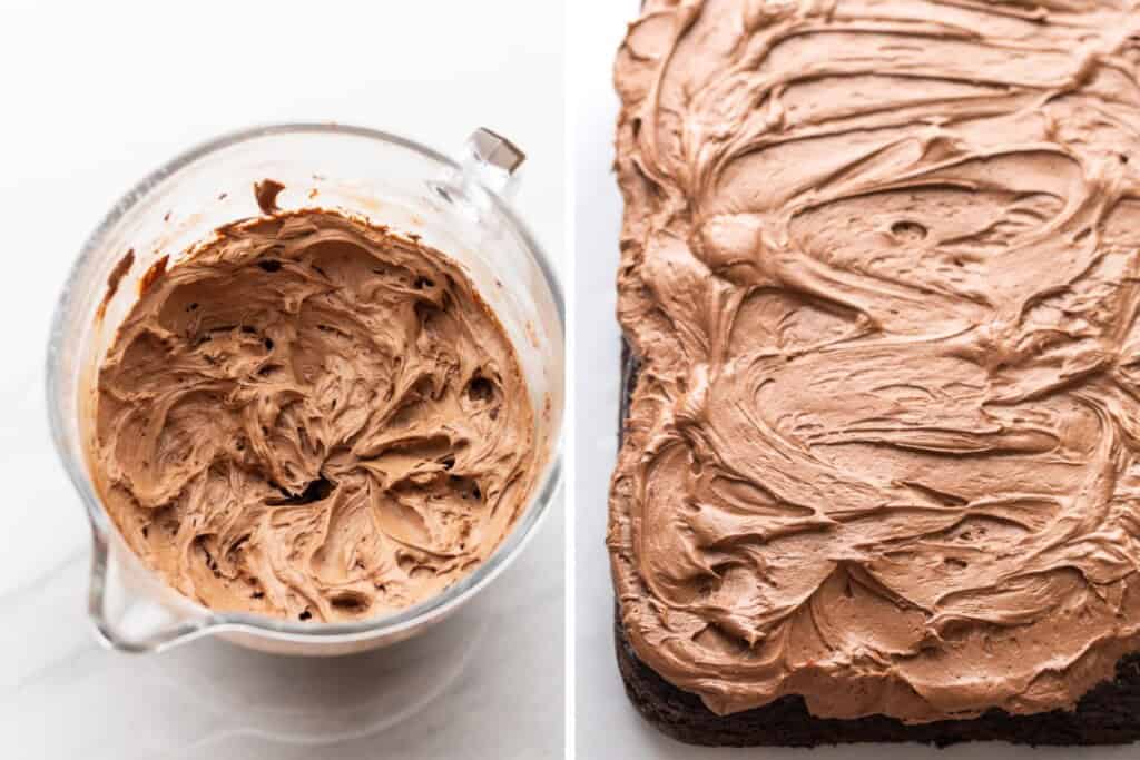 chocolate buttercream frosting collage: frosting in a glass kitchen aid bowl and frosted over a chocolate sheet cake