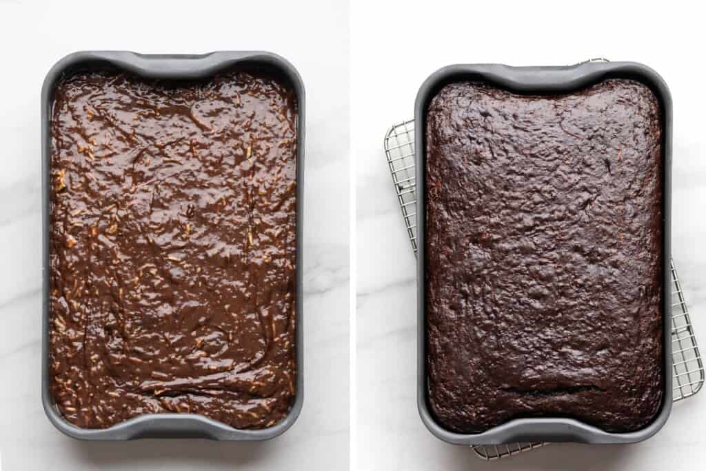 Chocolate zucchini cake in a 9x13 inch baking dish before baking and after baking