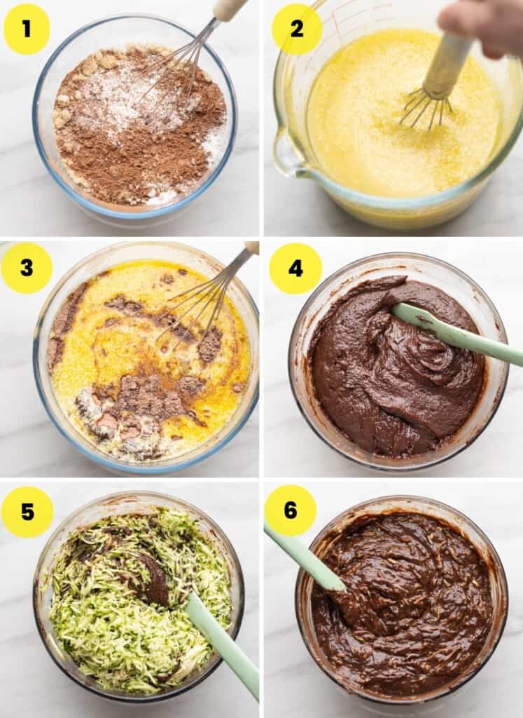 Collage six images showing the stages of making gluten free chocolate zucchini cake batter: mix dry ingredients, mix wet ingredients, combine wet & dry, add zucchini