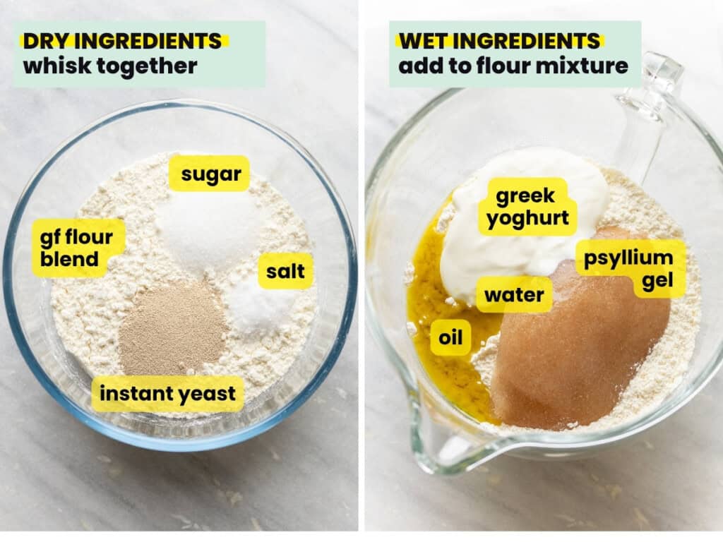 gluten free naan ingredients collage. Dy ingredients: gf flour blend, sugar, instant yeast & salt - whisk together. Wet ingredients: greek yoghurt, oil, psyllium gel, water - add the flour mixture.