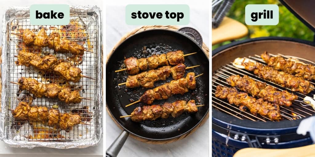 Collage of shawarma kebab baked, on a wire rack, cooked on the stove top and grilled on a bbq
