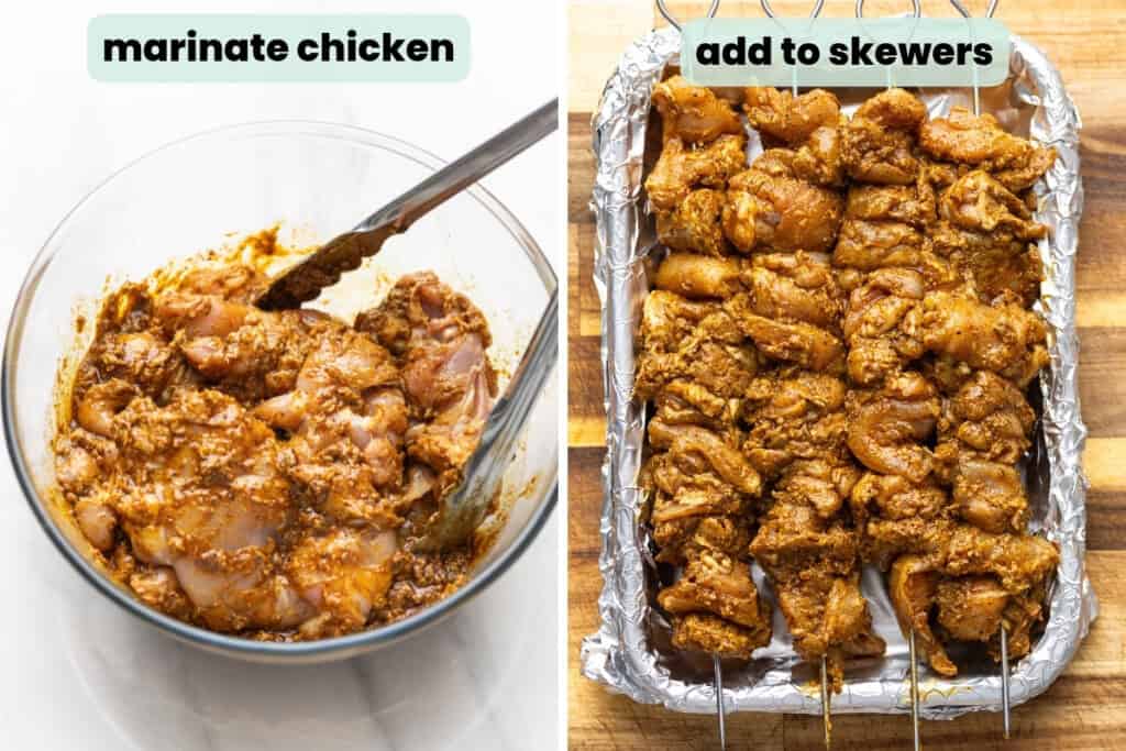 Left image: a bowl of raw chicken thighs coated in a shawarma marinade - "marinate chicken". Right image: chicken thighs threaded onto metal skewers in a foil lined baking sheet - "add to skewers".