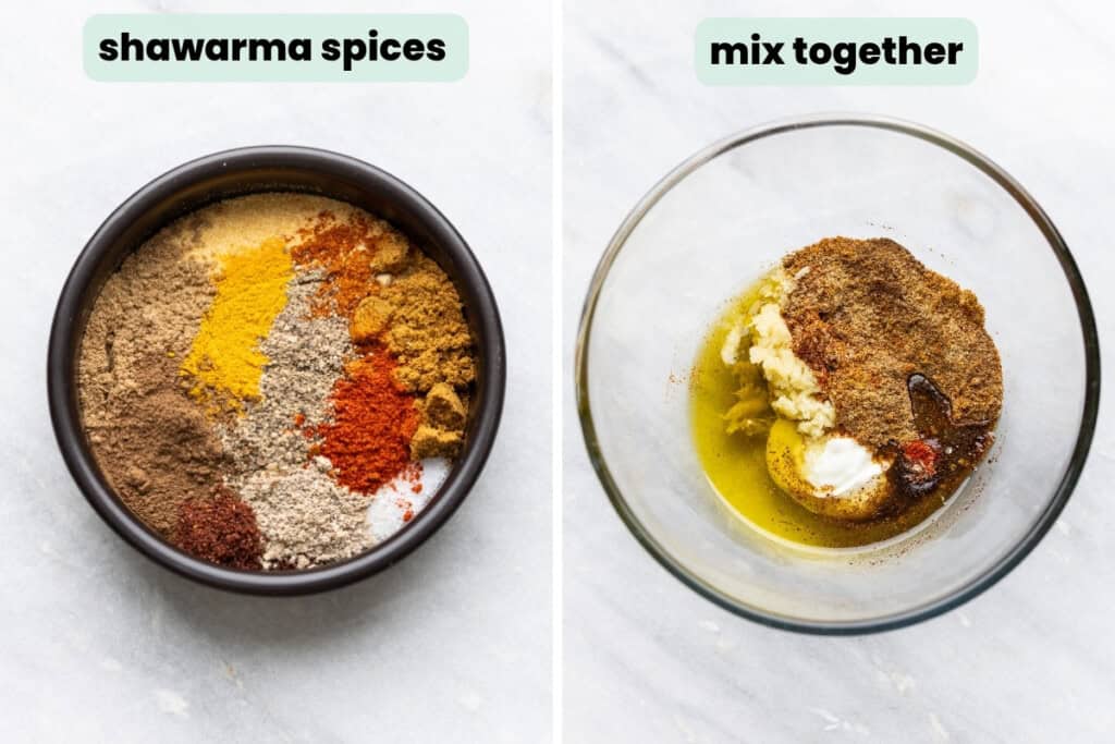 Two images side-by-side: Shawarma spices in a small bowl; a large bowl of shawarma marinade ingredients.