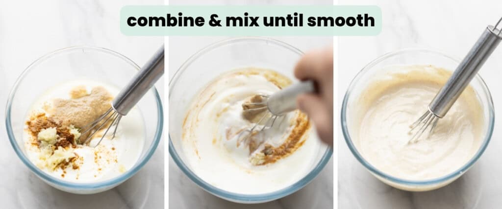 Collage of three images showing the process of making a tahini yogurt sauce: combine ingredients & mix until smooth