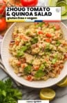 Zhoug Tomato & Quinoa Salad pinterest marketing image; gluten free + vegan; A Saucy Kitchen