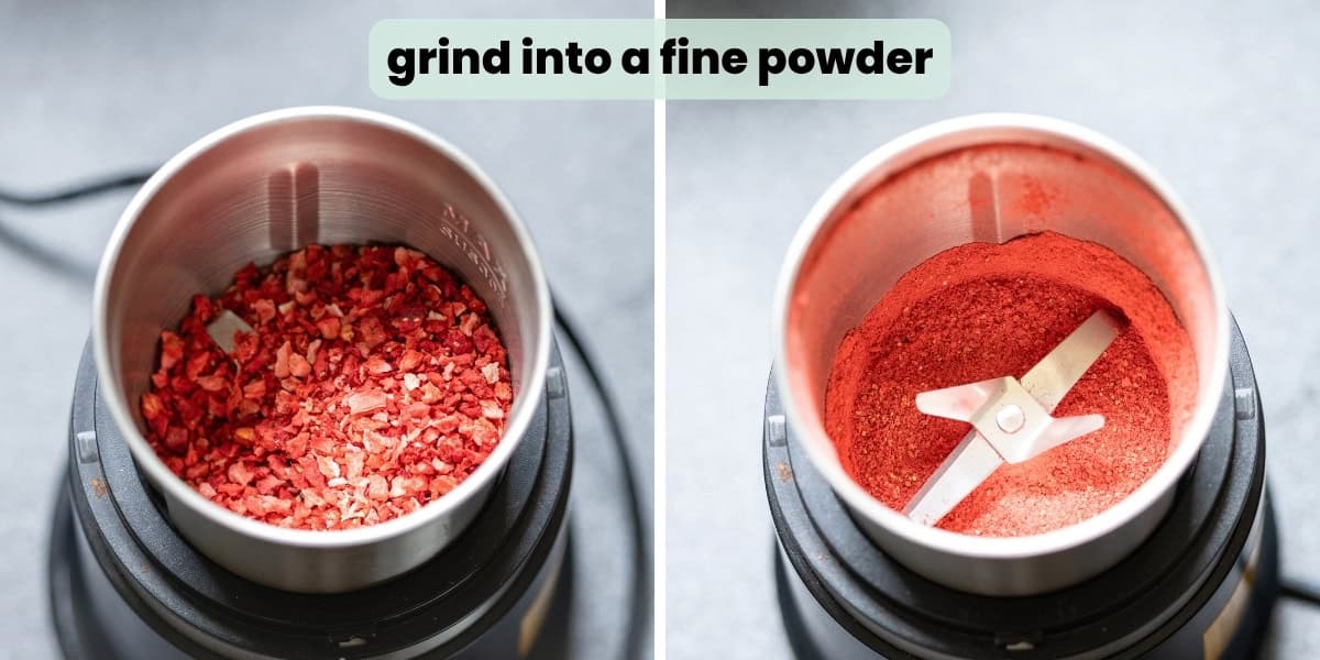 Two images of freeze dried strawberries in a coffee grinder before and after grinding: "grind into a fine powder"