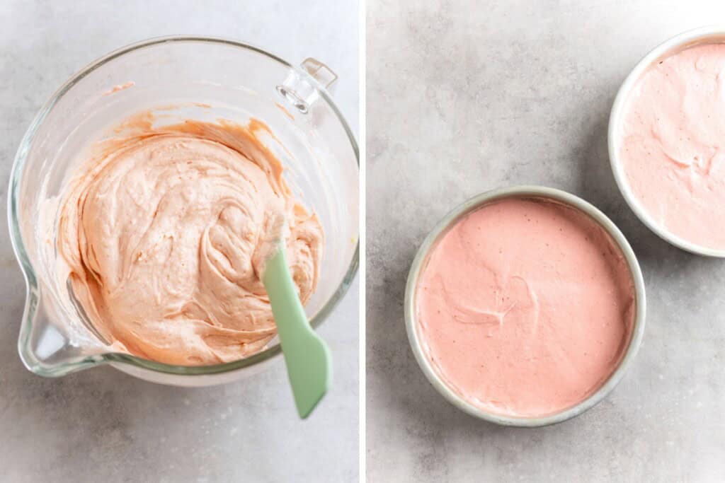 gluten free strawberry cake batter in a mixing bowl and divided between two cake pans