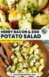 Pinterest marketing image for: Herby Bacon & Egg Potato Salad: dairy free + mayo free from www.asaucykitchen.com