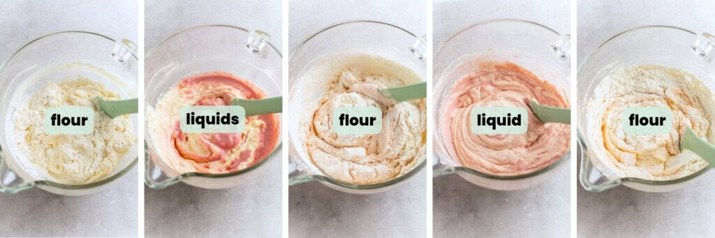 gf strawberry cake batter prep combining collage: flour, liquid, flour, liquid, flour