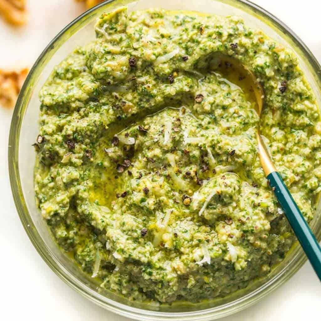 homemade pesto in a small bowl