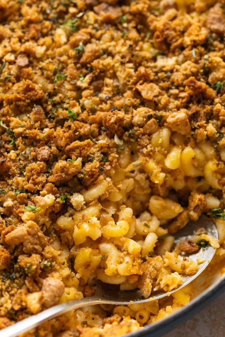 A serving spoon in a hard cider caramelized onion & bacon mac and cheese