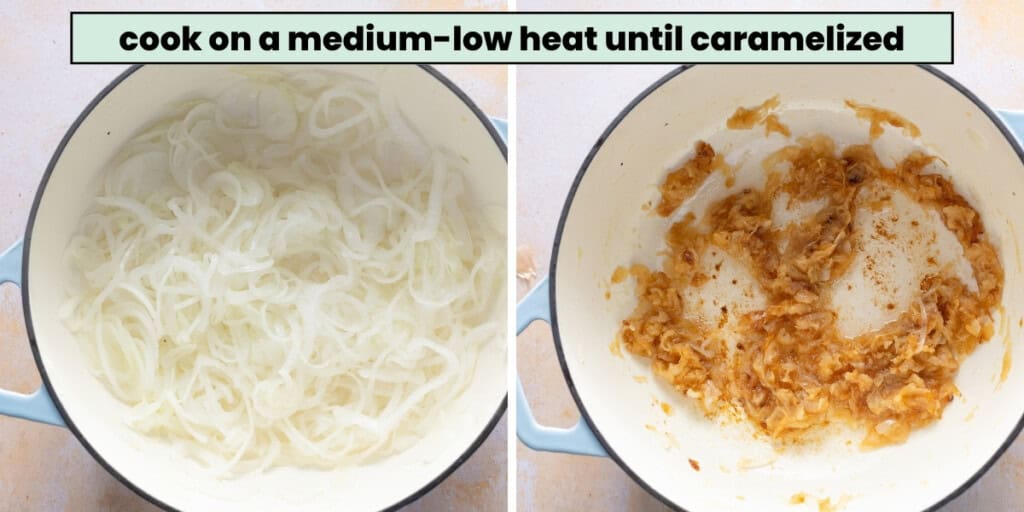 Collage of a before and after photo of sliced white onion in a large pan before cooking and after caramelizing until golden-brown. Text reads: "cook on a medium-low heat until caramelized"