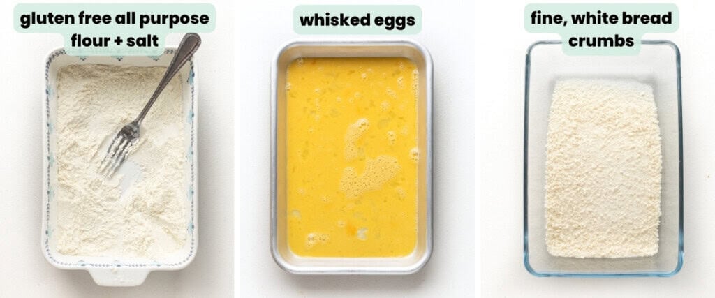 A collage of 3 images of the breading ingredients in shallow dishes needed to make gluten free schnitzel: gluten free all purpose flour + salt, whisked eggs and fine, white breadcrumbs