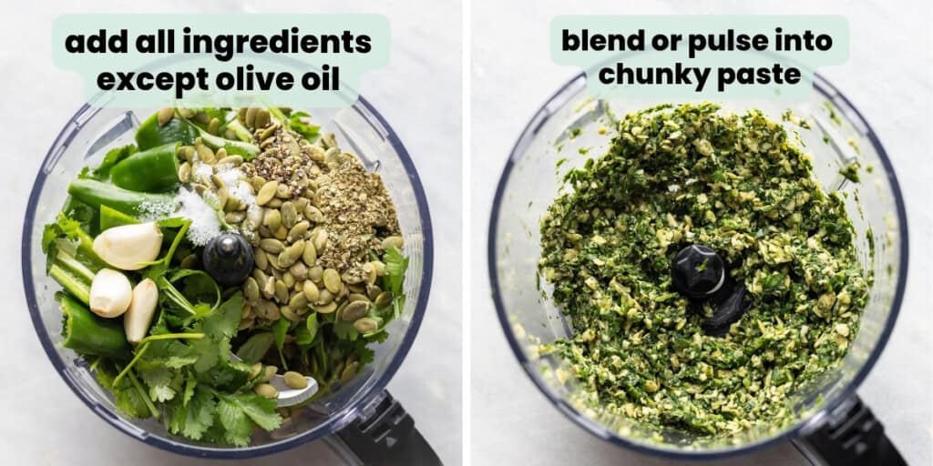jalapeño pesto collage of ingredients in a food processor bowl before mixing (all ingredients except oil) and after mixing everything into a chunky paste
