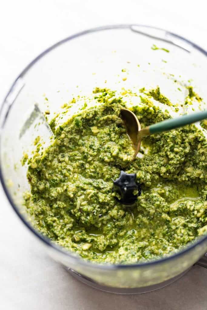 Homemade jalapeno pesto in a food processor bowl
