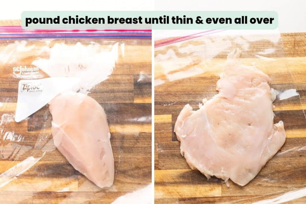 Two images of raw chicken breast before and after tenderizing: "pound chicken breast until thin & even all over"