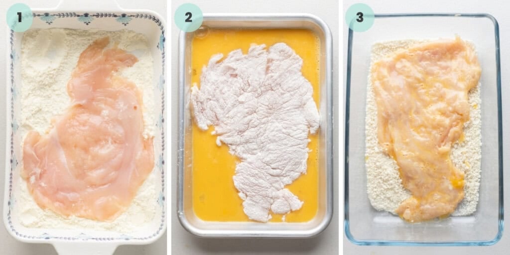 gluten free schnitzel breading collage: 1 chicken dipped in flour and salt, 2 floured chicken dipped in eggs, 3 chicken dipped last in breadcrumbs