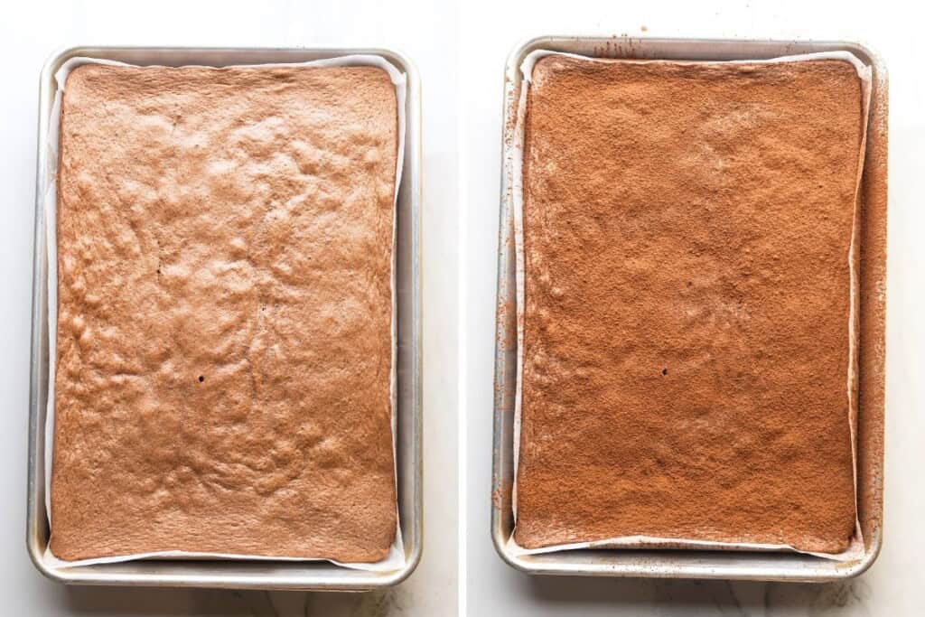 Two images of a gluten free chocolate swiss cake baked into a 9x13 inch baking sheet before and after dusting the top with sugar