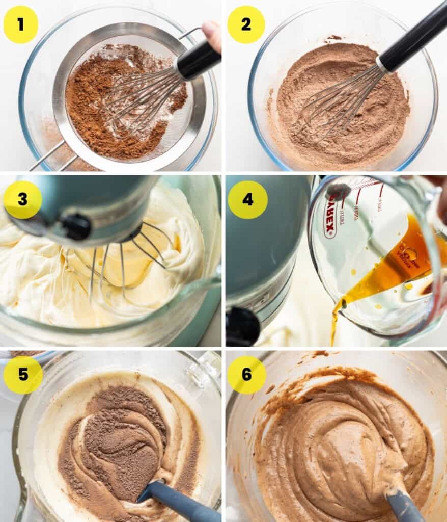 Six images in a collage showing the basic steps to make gluten free swiss cake batter