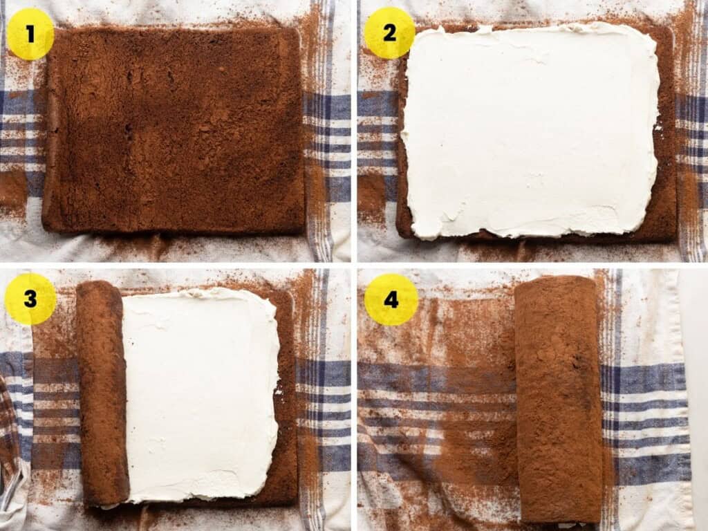 Collage showing how to fill a gf chocolate cake roll in four steps: 1. Unroll the cake after it's cooled; 2. Spread frosting over the cake; 3. Start re-rolling the cake back up; 4. Keep the rolled cake seem side down.