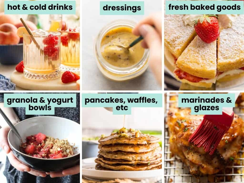 Collage of different ways to use peach syrup: in hot & cold drinks, dressings, fresh baked goods, granola & yogurt bowls, pancakes & waffles, marinades & glazes
