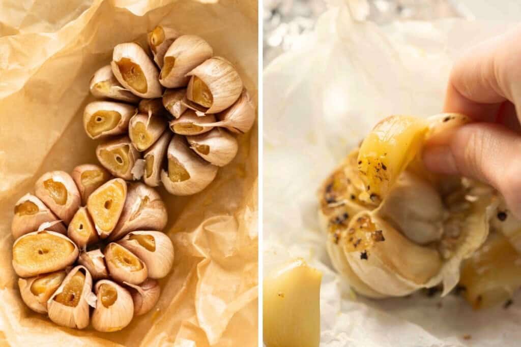Left image: 2 heads of roasted garlic in baking paper. Right image: A hand squeezing a clove of roasted garlic out of the head.