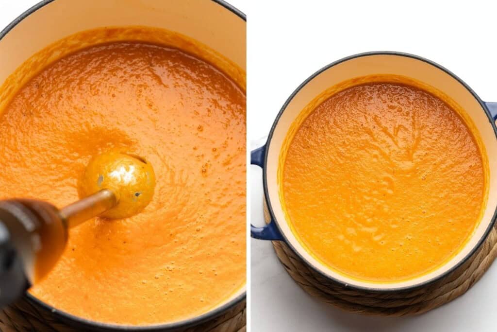 Left image: An immersion blender in a soup pot blending up a roasted tomato soup. Right image: A large pot of blended roasted garlic tomato soup.