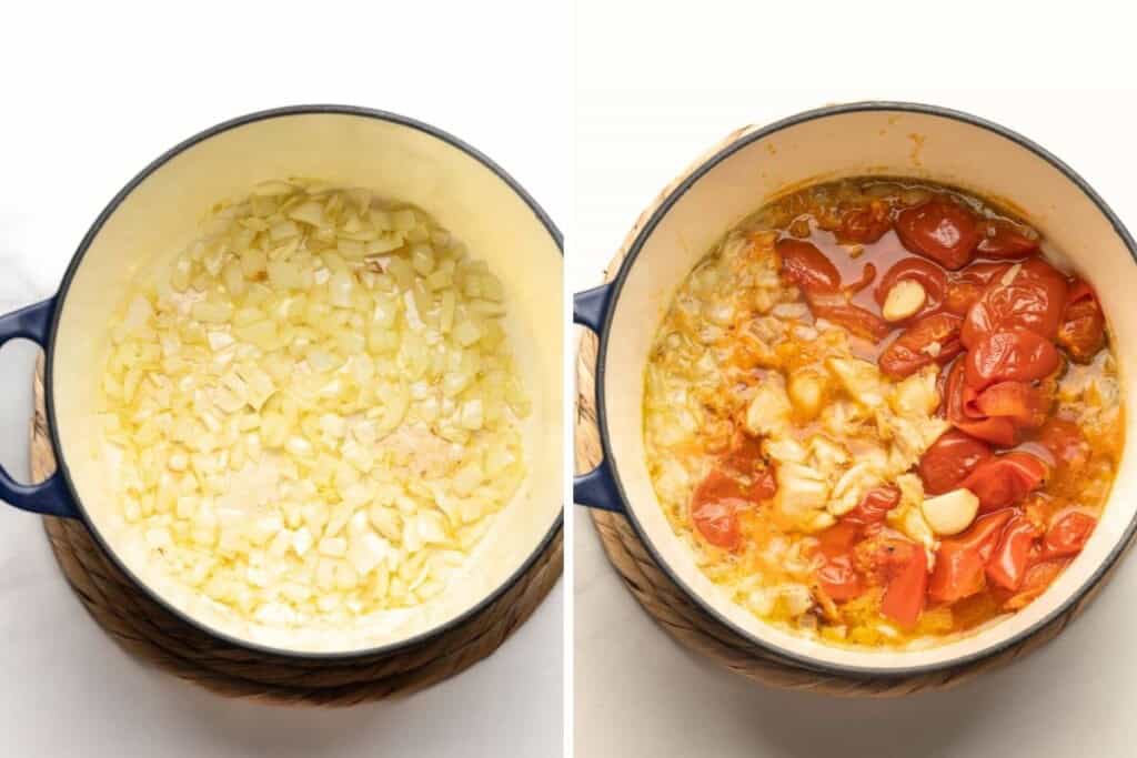 Left image: A large pot full of sautéd diced tomatoes. Right image: A large pot full of roasted tomatoes, garlic, sautéd onions and vegetable broth.