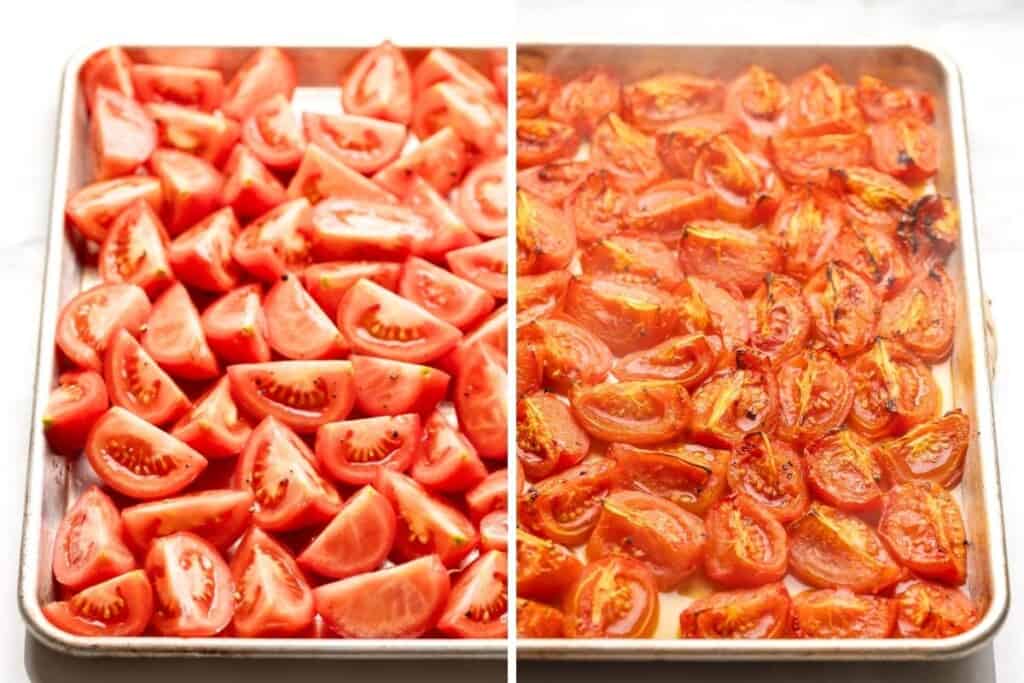Quartered tomatoes on a baking sheet before and after roasting.