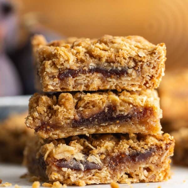 Three gluten free fig bars stacked on top of each other