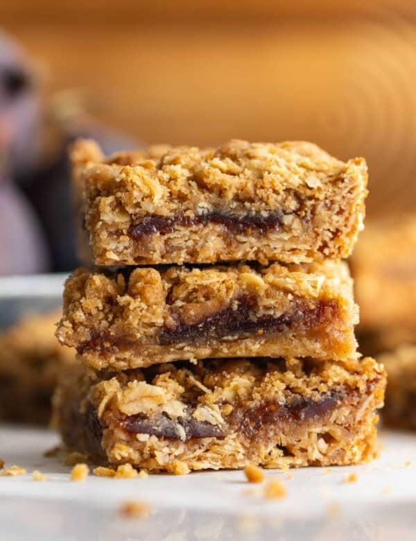 Three gluten free fig bars stacked on top of each other