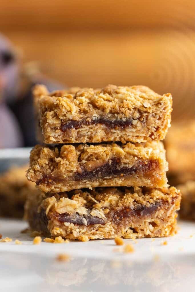 Three gluten free fig bars stacked on top of each other