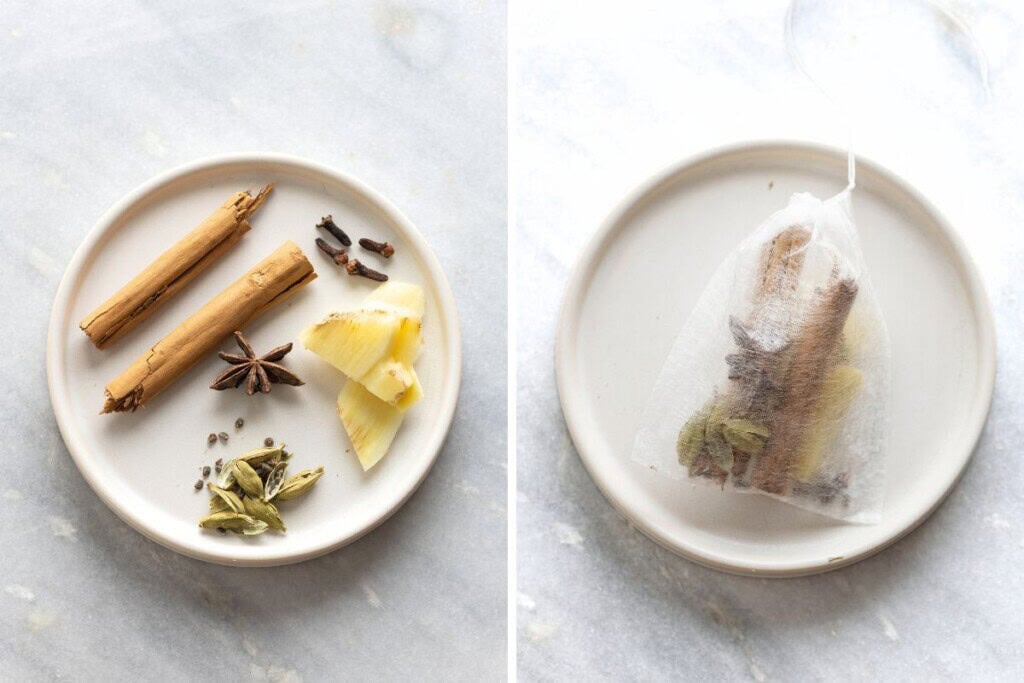 Two images of a small plate with 2 cinnamon sticks, 1 star anise, 4 cloves, fresh ginger slices and 6 crushed cardamom pods. First image shows the loose spices and the second picture shows the spices in a small tea bag.