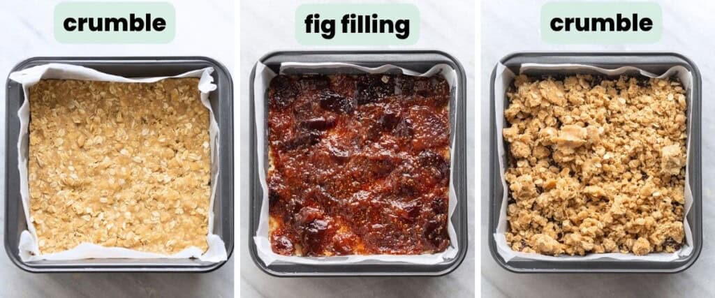 Collage showing how to assemble the fig and oat bars in three stages: press the oat crumble into an even layer on the bottom, spread the jam over the base then sprinkle the remaining crumble over top.