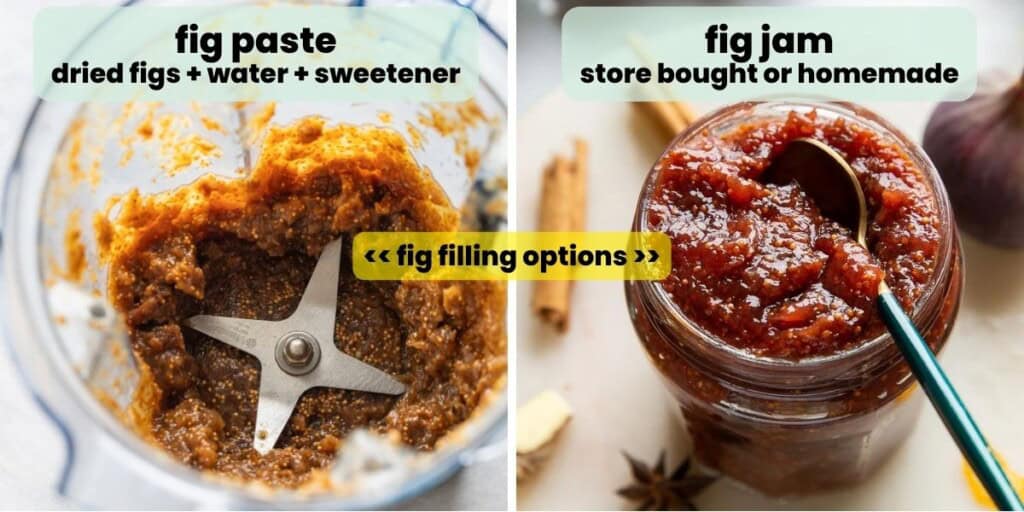 Two fig filling options: fig paste made from blended up dried figs, water and sweetener OR fig jam (homemade or store bought).