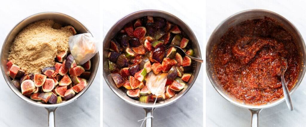 Three stages of making homemade chai spiced fig jam showing the ingredients added to a sauce pan, mixed together then after it's simmered and reduced into a thick jam.
