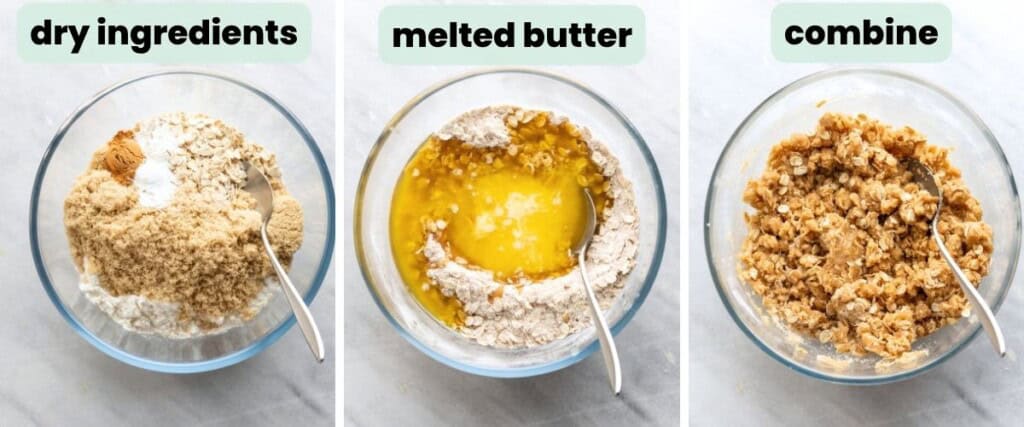 Three-step process showing dry ingredients whisked together, melted butter added, and the mixture combined to form an oat crumble.
