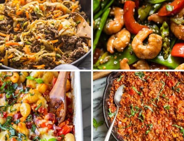 Collage of four gluten free one pan dinners: stir fry beef & cabbage, stir fry shrimp, chorizo gnocchi and lentil bolognese