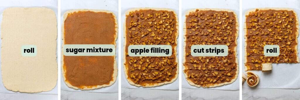Five images in a collage showing the basic steps to assembling the gluten free apple cinnamon rolls: roll dough into a large rectangle, spread butter-sugar mixture over the top, add apple pie filling, cut the dough into 12 strips, roll the strips up 1x1.