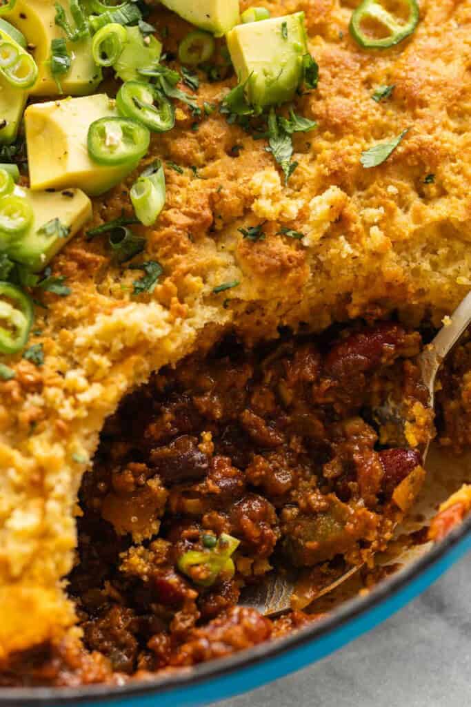 A spoon full of gluten Free Chili Cornbread Casserole