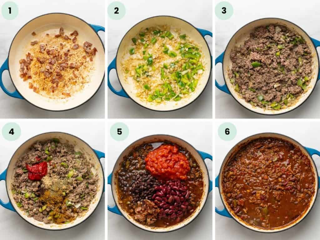 Six images in a collage showing the basic steps to making a basic beef and bean chili: cook bacon then remove from pan, sautรฉ aromatics, brown the beef, add seasonings, add beans and tomatoes, simmer until thickened