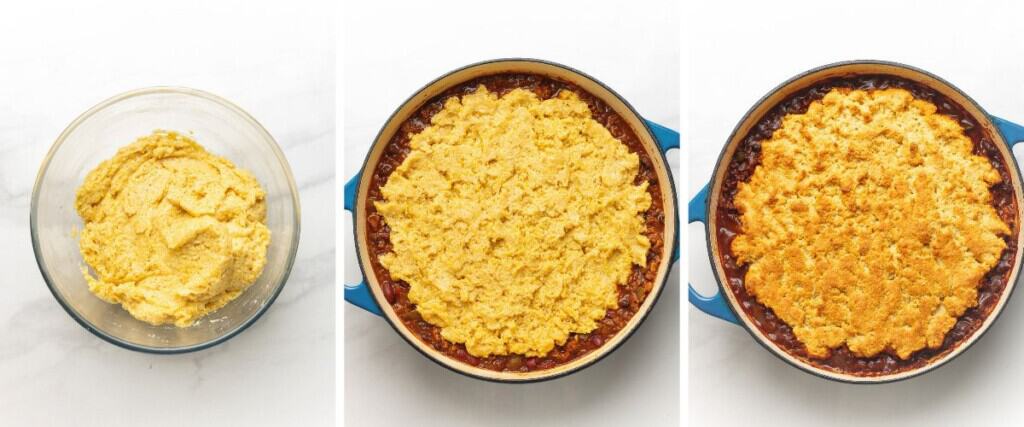 Three images in a collage showing the process of making a gluten free cornbread batter, adding the batter to the top of a chili then baking until the cornbread is cooked.