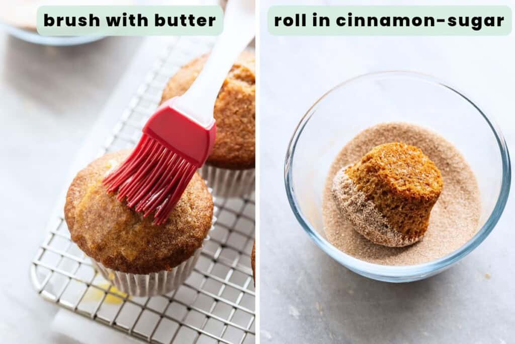 Left image: Gluten free apple cider muffins cooling on a wire rack and brushed with melted butter on top. Right image: the unwrapped muffin in a small bowl of cinnamon sugar.