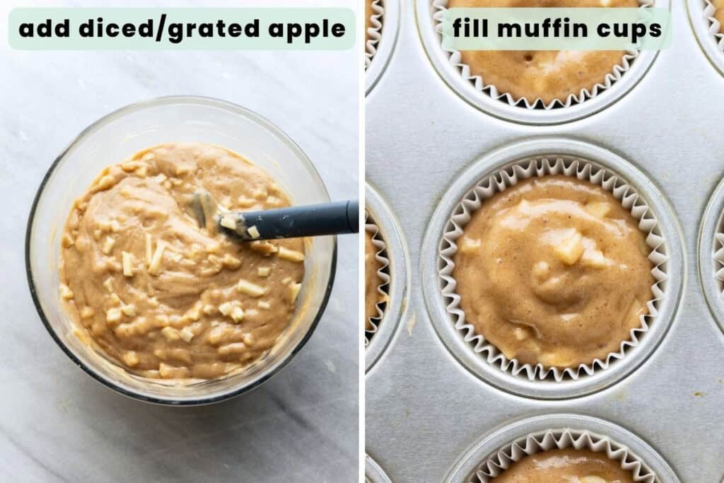 Two images side by side. A mixing bowl full of gluten free apple cider muffin batter with visible pieces of diced apple on the left. A muffin pan with liners full of batter on the right.